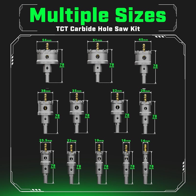 Staten tools Tungsten Carbide Hole Saw Kit 22 Pcs – Carbide Hole Saw Set 9/16" to 2-1/8" for Metal, Stainless Steel, Wood – Includes 2 Drill Bits, Deburring Tool, 4 Blades, 3 Allen Wrenches – Industrial & DIY Use - Image 2
